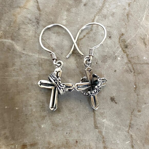 Sterling Silver 925 Petite Dainty Cross & Crown Dangle Drop Earrings - Picture 3 of 16